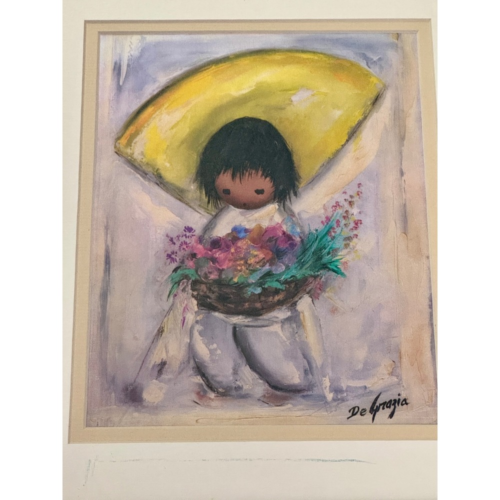 DeGrazia Signed Southwest Art Print Framed Child with Flowers Desert Decor 11x13